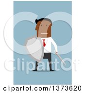 Poster, Art Print Of Flat Design Black Business Man Holding A Sword And Shield On Blue