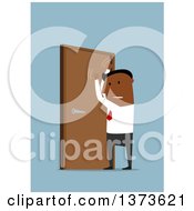 Poster, Art Print Of Flat Design Black Business Man Pounding On A Door On Blue