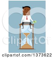 Poster, Art Print Of Flat Design Black Business Man Holding Cash And Sitting On An Hourglass On Blue