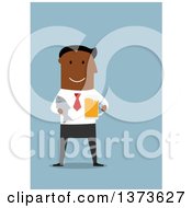 Poster, Art Print Of Flat Design Black Business Man Holding A Beer And Fish On Blue