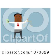 Poster, Art Print Of Flat Design Black Business Man Holding Cash Money And A Scale On Blue