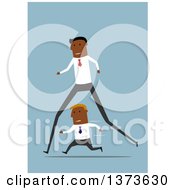 Poster, Art Print Of Flat Design Long Legged Black Business Man Passing A Short Man On Blue