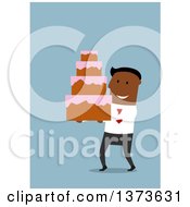 Poster, Art Print Of Flat Design Black Business Man Carrying A Wedding Cake On Blue