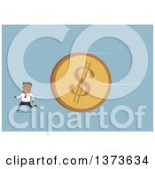Poster, Art Print Of Flat Design Black Business Man Running From A Giant Dollar Coin On Blue