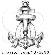 Poster, Art Print Of Black And White Sketched Anchor With A Blank Ribbon Banner