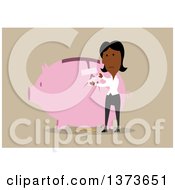 Poster, Art Print Of Flat Design Black Business Woman Taping Up A Broken Piggy Bank On Tan
