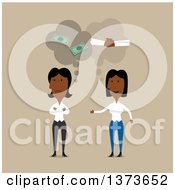 Poster, Art Print Of Flat Design Black Business Women Thinking Of Good And Bad If They Were To Partner On Tan