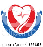 Poster, Art Print Of Red Blood Drop With A Heart And Graph Over A Blank Blue Banner