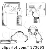 Clipart Of Black And White Sketched Hands Using Touch Screen Gadgets Royalty Free Vector Illustration