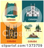 Clipart Of A Canadian Waterfall And Architectural Landmarks Royalty Free Vector Illustration