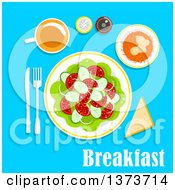 Clipart Of A Vegetarian Breakfast Salad With A Cup Of Tea Bread Salt And Pepper Shakers With Text On Blue Royalty Free Vector Illustration