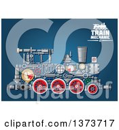 Poster, Art Print Of Steam Engine Train With Visible Mechanical Parts And Text On Blue