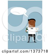 Poster, Art Print Of Flat Design Black Happy Male Waiter Talking And Holding Champagne On Blue