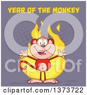 Poster, Art Print Of Happy Monkey Mascot With Flames And Year Of The Monkey Text On Purple