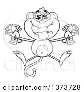 Cartoon Clipart Of A Black And White Rich Monkey Mascot With Dollar Eyes Holding Cash Money And Jumping Royalty Free Vector Illustration by Hit Toon