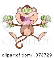 Poster, Art Print Of Rich Monkey Mascot With Dollar Eyes Holding Cash Money And Jumping