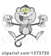 Cartoon Clipart Of A Gray Rich Monkey Mascot With Dollar Eyes Holding Cash Money And Jumping Royalty Free Vector Illustration