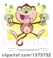 Poster, Art Print Of Rich Monkey Mascot With Dollar Eyes Holding Cash Money And Jumping Over Yellow