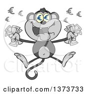 Cartoon Clipart Of A Gray Rich Monkey Mascot With Euro Eyes Holding Cash Money And Jumping Royalty Free Vector Illustration