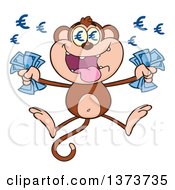 Poster, Art Print Of Rich Monkey Mascot With Euro Eyes Holding Cash Money And Jumping
