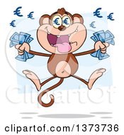 Poster, Art Print Of Rich Monkey Mascot With Euro Eyes Holding Cash Money And Jumping Over Blue