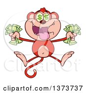 Poster, Art Print Of Rich Red Monkey Mascot With Dollar Eyes Holding Cash Money And Jumping