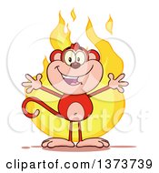 Poster, Art Print Of Happy Red Monkey Mascot With Open Arms Over Flames