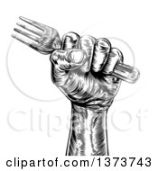 Clipart Of A Black And White Retro Woodcut Fisted Hand Holding A Fork Royalty Free Vector Illustration by AtStockIllustration