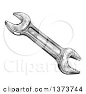 Clipart Of A Black And White Retro Woodcut Spanner Wrench Royalty Free Vector Illustration