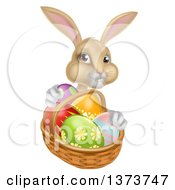Poster, Art Print Of Happy Beige Easter Bunny With A Basket Of Eggs