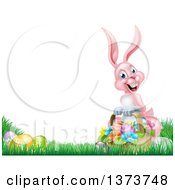 Poster, Art Print Of Happy Pink Easter Bunny With A Basket Of Eggs And Flowers In The Grass With White Text Space