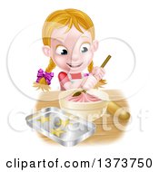 Poster, Art Print Of Cartoon Happy White Girl Making Pink Frosting And Star Cookies