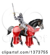 Poster, Art Print Of 3d Full Armored Medieval Knight On A Black Horse Holding Up A Sword