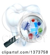 Poster, Art Print Of 3d Magnifying Glass Discovering A Shield And Germs Or Bacteria On A Tooth