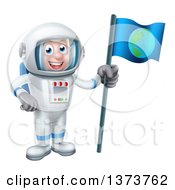 Poster, Art Print Of Happy White Male Astronaut In A Space Suit Holding An Earth Flag