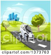 Poster, Art Print Of Futuristic White Mini Car Driving On A Rural Road With A City In The Background