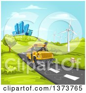 Poster, Art Print Of Yellow School Bus Driving On A Road With Hills Buildings And Wind Turbines