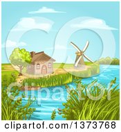 Poster, Art Print Of House And Windmill Along A Stream