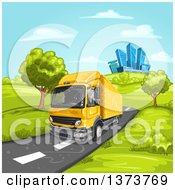 Poster, Art Print Of Yellow Big Rig Truck Driving On A Rural Road With A City In The Background