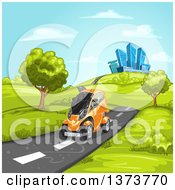Poster, Art Print Of Futuristic Orange Mini Car Driving On A Rural Road With A City In The Background