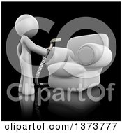 Poster, Art Print Of 3d White Cleaning Lady Using An Upholstery Cleaner On A Chair On A Black Background