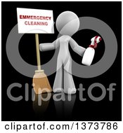 Poster, Art Print Of 3d White Cleaning Lady Holding A Broom And Spray Bottle With An Emergency Cleaning Sign On A Black Background