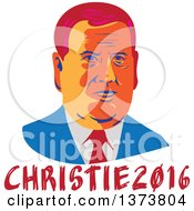 Clipart Of A Retro WPA Styled Portrait Of Republican Presidential Nominee Chris Christie Over Text Royalty Free Vector Illustration