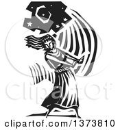 Clipart Of A Black And White Woodcut Woman Dancing Under A Crescent Moon Royalty Free Vector Illustration by xunantunich