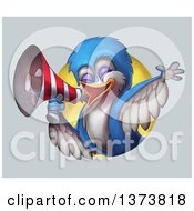 Poster, Art Print Of Calling Bird Using A Megaphone Emerging From A Circle On A Gradient Background
