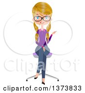 Happy Blue Eyed Blond White Female Office Secretary Sitting In A Chair And Pointing