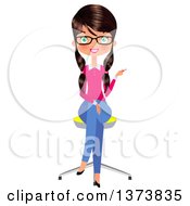 Clipart Of A Happy Green Eyed Brunette White Female Office Secretary Sitting In A Chair And Pointing Royalty Free Vector Illustration by Melisende Vector