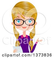 Clipart Of A Happy Blue Eyed Blond White Female Office Secretary Wearing Glasses Presenting And Holding A Piece Of Paper Royalty Free Vector Illustration