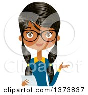 Clipart Of A Happy Black Female Office Secretary Wearing Glasses Presenting And Holding A Piece Of Paper Royalty Free Vector Illustration