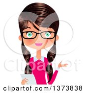 Clipart Of A Happy Green Eyed Brunette White Female Office Secretary Wearing Glasses Presenting And Holding A Piece Of Paper Royalty Free Vector Illustration
